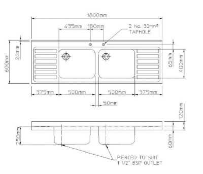 Pland 1800 Double Bowl/Double Drainer Catering Sink